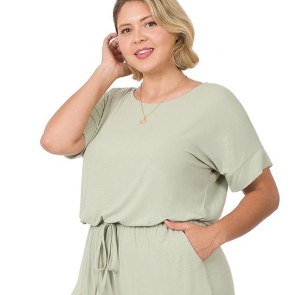 Dust Green Plus Romper with Elastic Waist & Back Keyhole - Picture 2 of 2